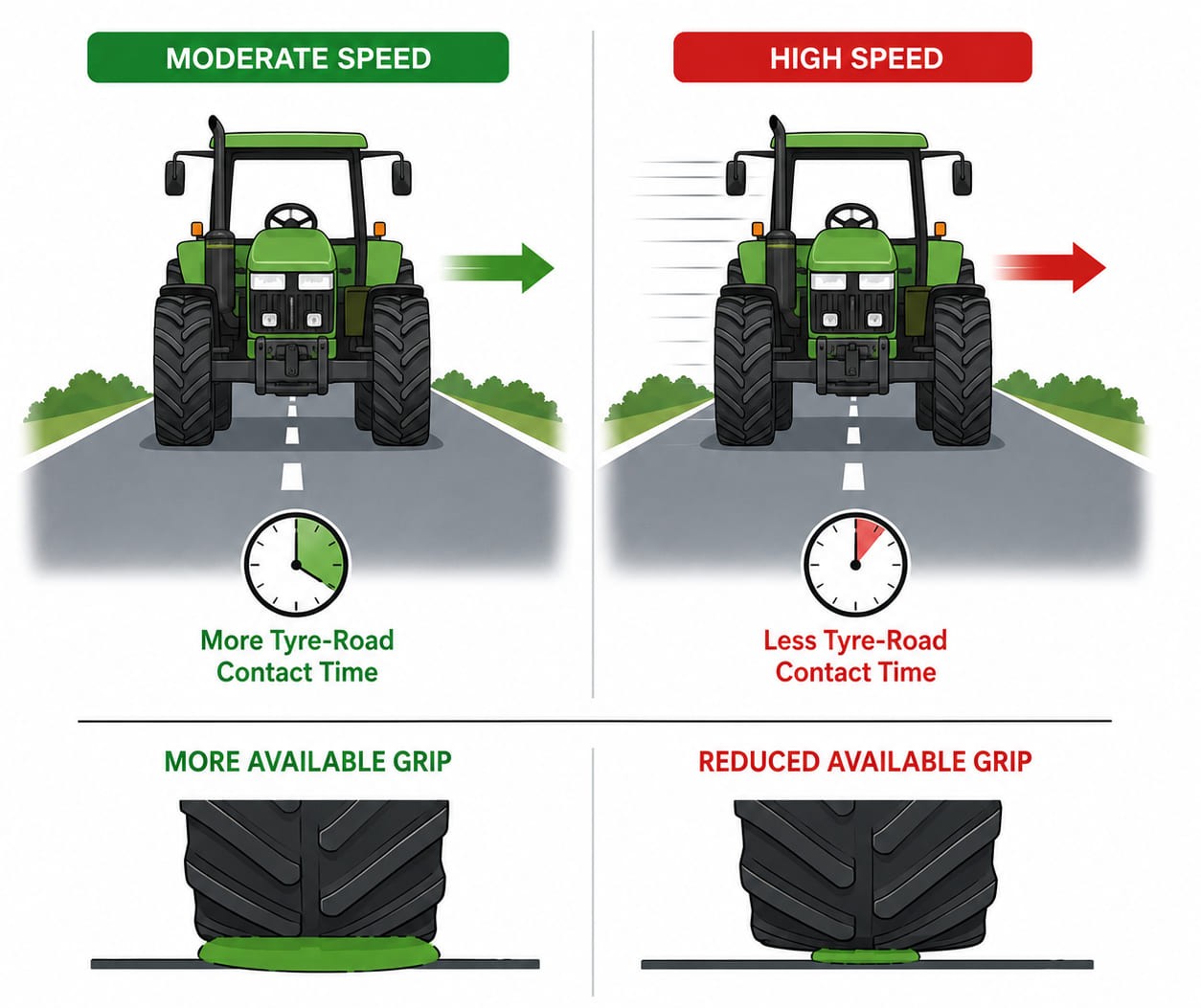 A speedometer showing high speed with a reduced tyre-road contact time indicator