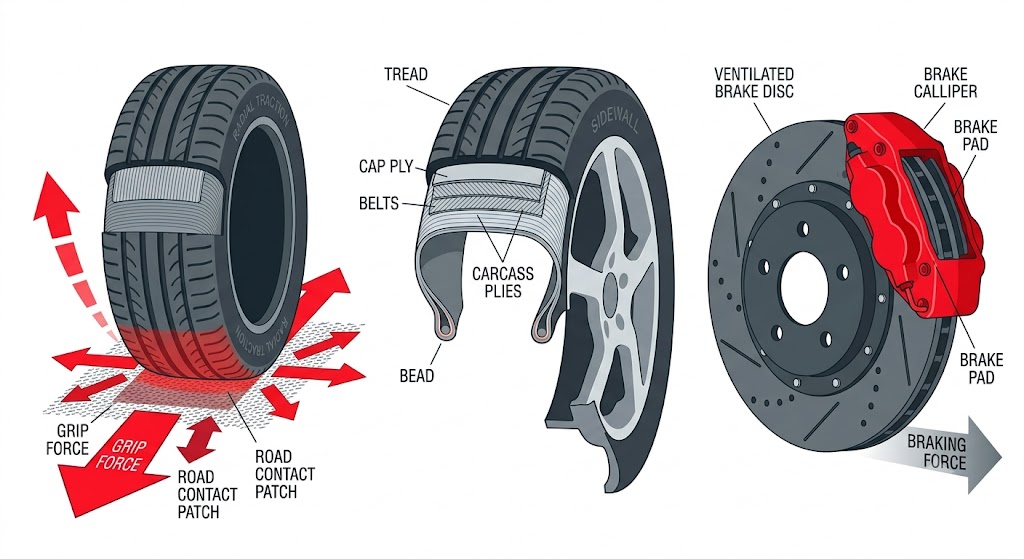 Three-part illustration side by side: a tyre gripping a road surface (traction), a labelled tyre cross-section (tyres), and a brake disc with calliper (brakes)