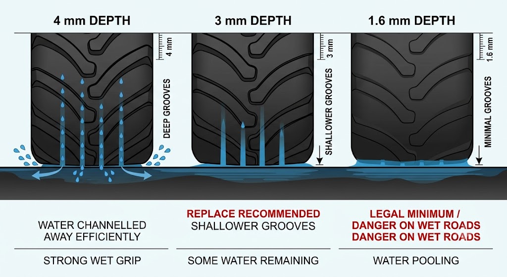 Three side-by-side tyre tread cross-sections on a wet road surface: left - 4 mm depth (good, water channelled away effectively); centre - 3 mm (replace recommended, reduced water expulsion); right - 1.6 mm (legal minimum / worn, poor wet grip). Labels and depth markers for each stage.