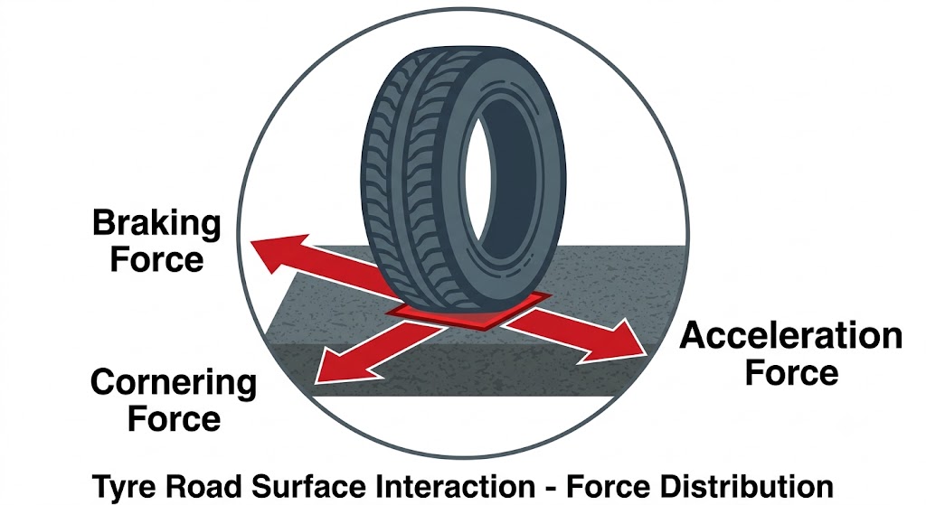 Top-down and side diagram of a tyre touching the road surface, showing the contact patch with force arrows indicating grip during acceleration (forward), braking (rearward), and cornering (lateral)