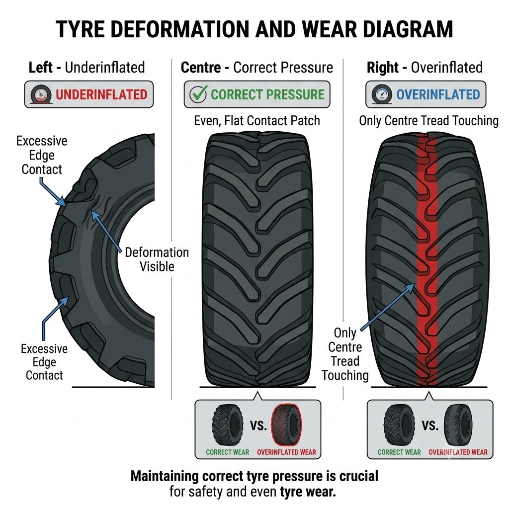 Three-panel tyre cross-section diagram: left - underinflated tyre bulging at the shoulders with excessive edge contact and deformation; centre - correctly inflated tyre with even contact patch; right - overinflated tyre convex in shape with only the centre tread touching the road. Wear pattern strips beneath each panel show the resulting tread wear.