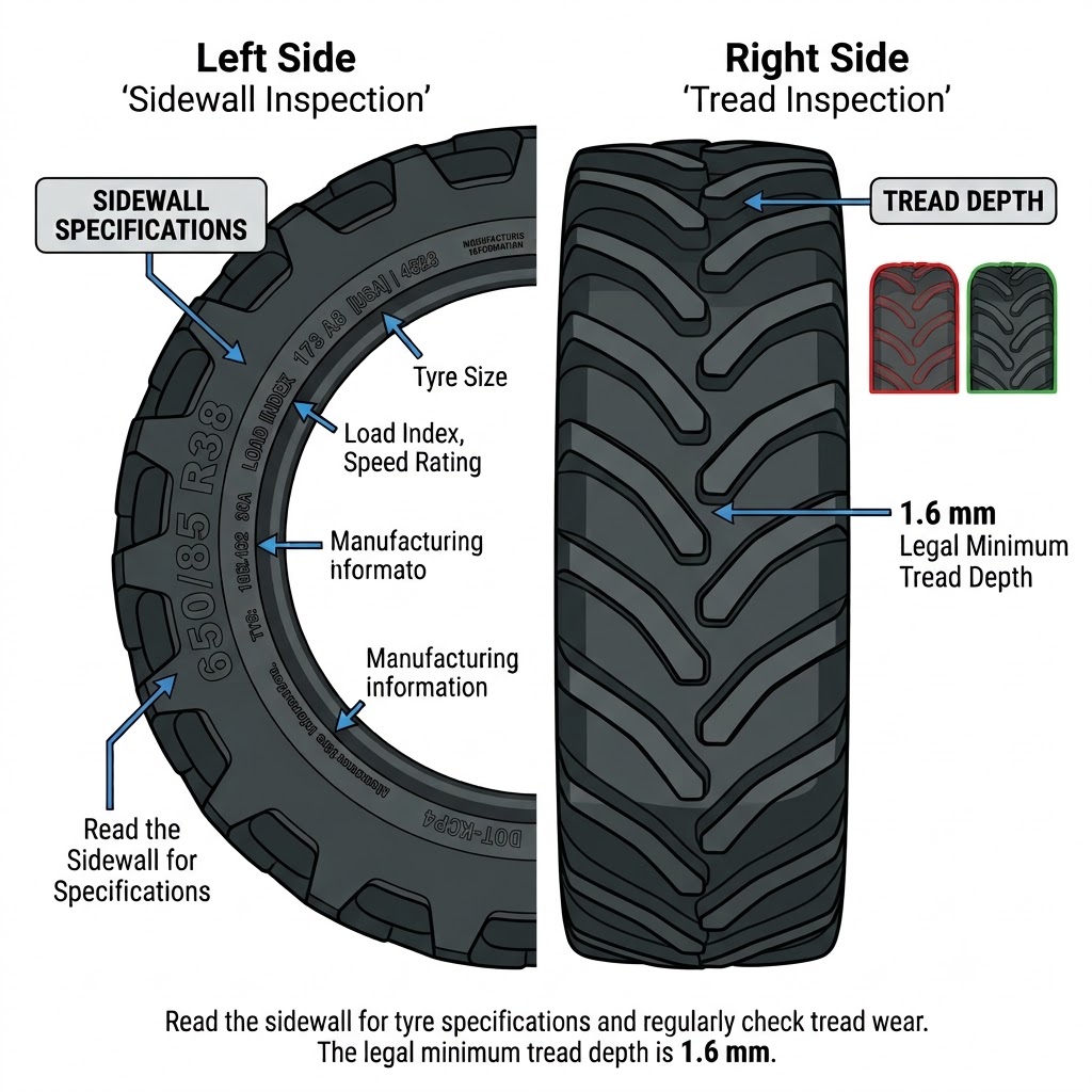 Two-part illustration: left shows a tyre sidewall with the specification stamps highlighted (size, load index, speed rating); right shows a tread cross-section with grooves labelled for water expulsion, heat dissipation, and grip. A tread depth gauge showing the 1.6 mm minimum marker is included.