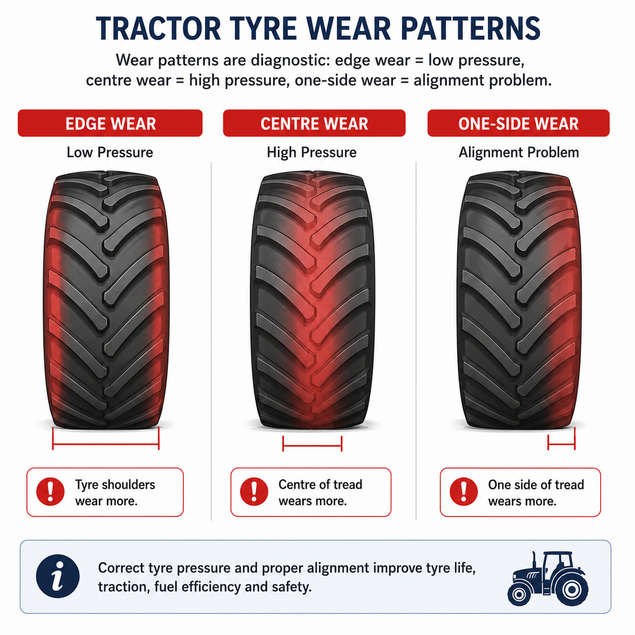 A wear pattern chart showing three tyre tread views from above: (1) edge wear on both shoulders - indicates underinflation; (2) centre wear - indicates overinflation; (3) one-sided wear - indicates alignment or camber issue. Each pattern is labelled with its cause.