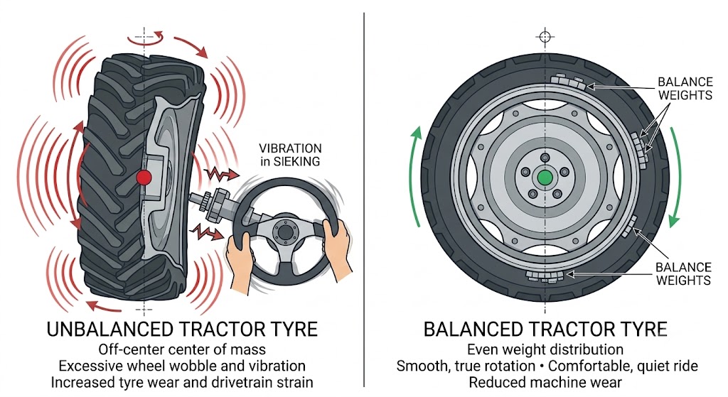 Two-panel diagram: left - an unbalanced wheel shown wobbling off-axis during rotation, with vibration lines radiating outward; right - a balanced wheel with small weights attached to the rim, rotating smoothly. A secondary inset shows a steering wheel vibrating vs. steady to illustrate the symptom.