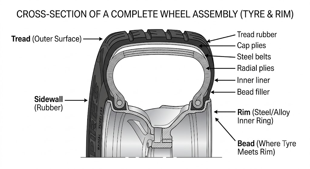 A labelled cross-section diagram of a complete wheel, with clear arrows pointing to the rim (metal inner structure) and the tyre (rubber outer layer), plus sub-labels for sidewall, bead, and tread