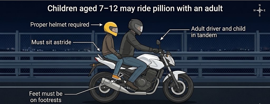 Illustration of a child aged 7 to 12 sitting astride a motorcycle behind an adult, with both feet resting on the side footrests