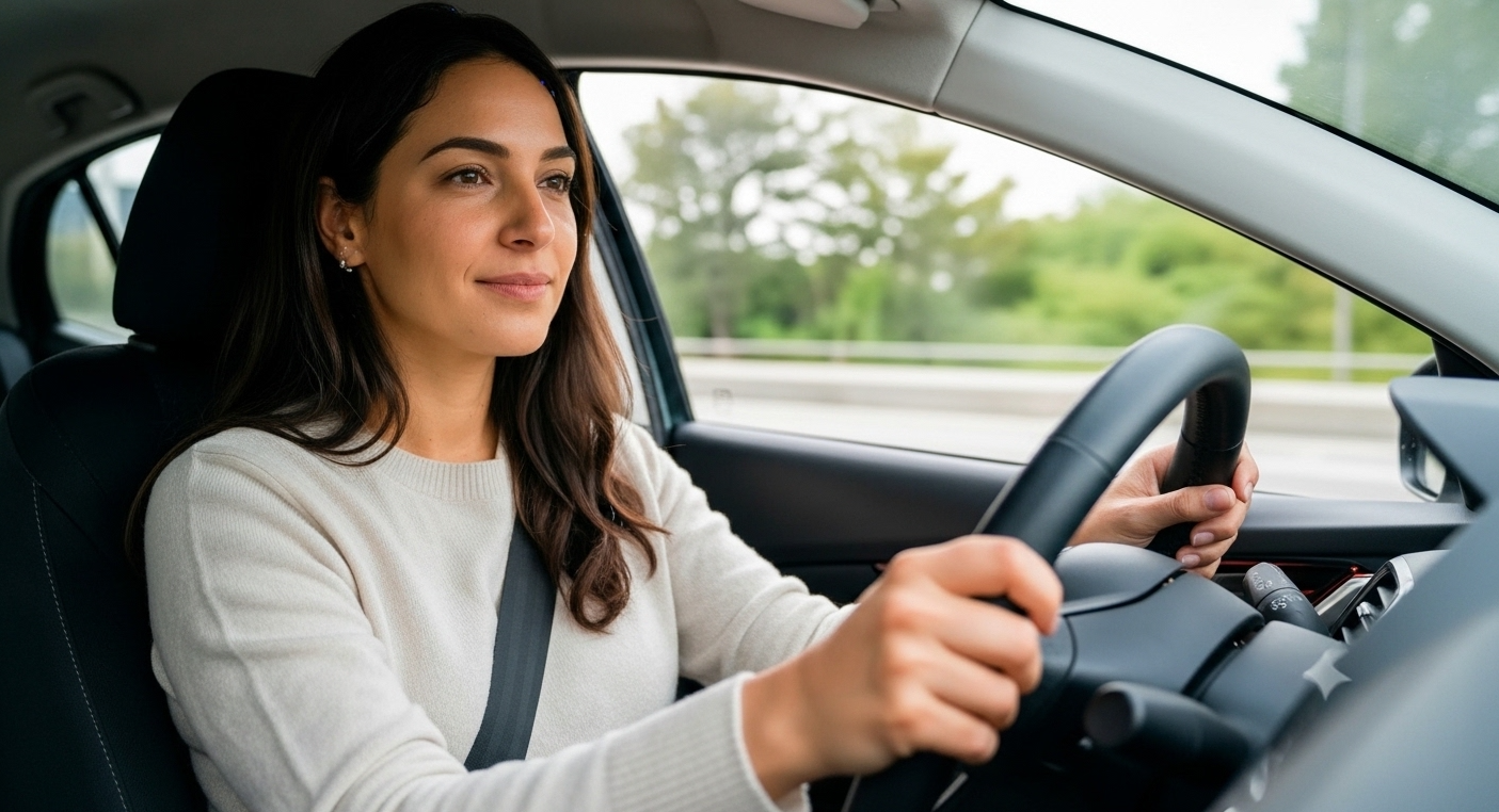 A driver attentive at the wheel, checking mirrors with clear sightlines