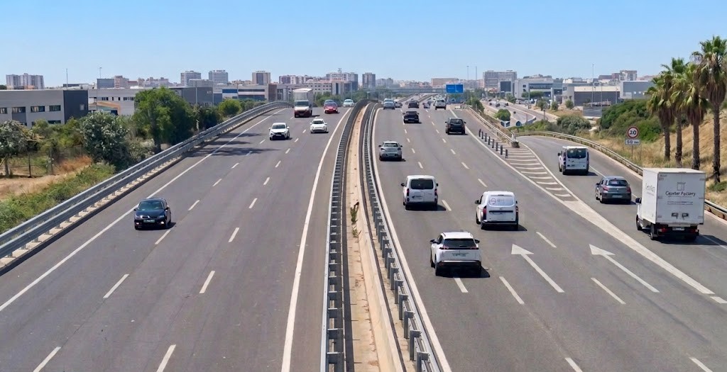 Diagram of a three-lane two-way road showing correct lane use