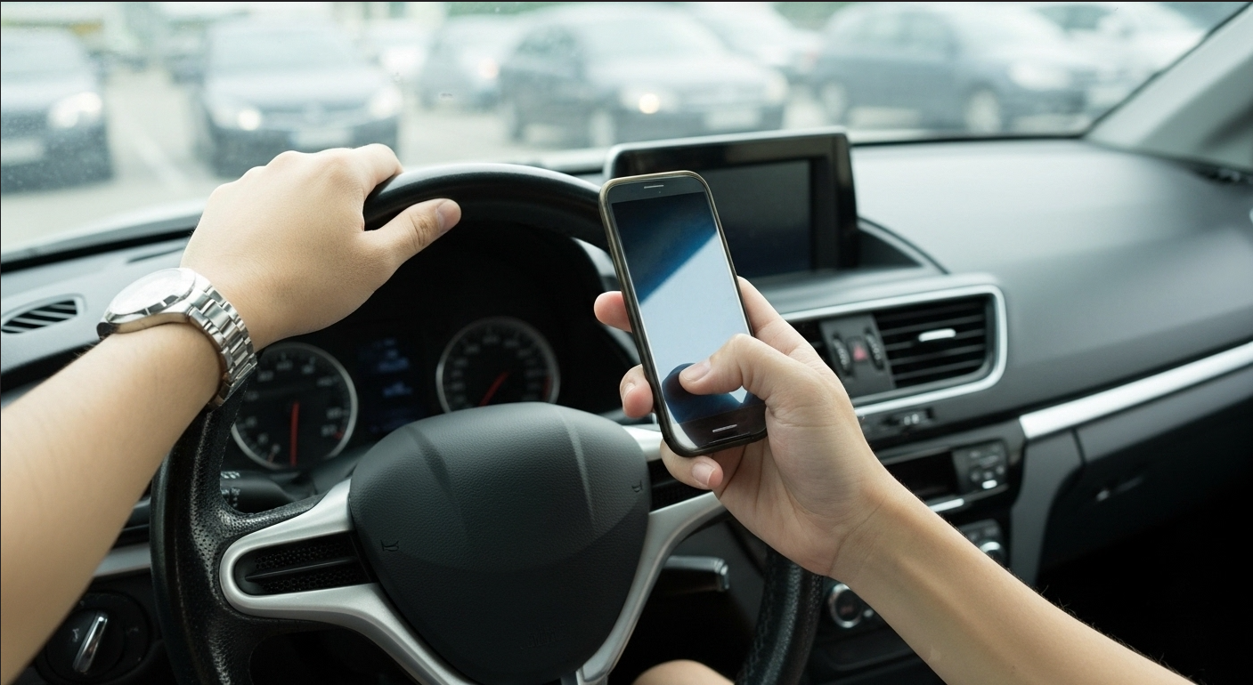 A driver using a hand-held mobile phone while driving, which is prohibited
