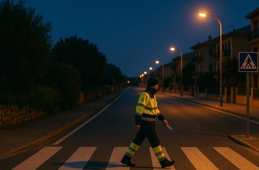 A pedestrian at night wearing a reflective vest on an interurban road