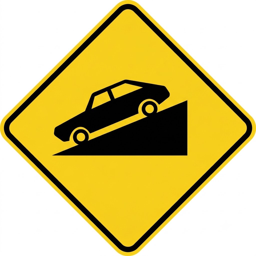 Diagram of two vehicles on a narrow uphill road showing the ascending vehicle has priority