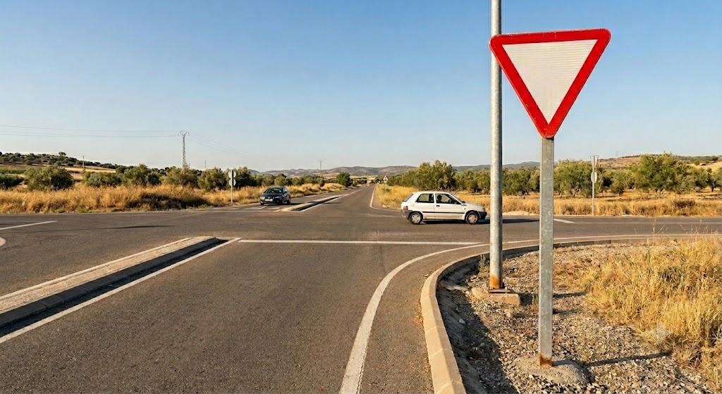Top-down intersection diagram with arrows showing the yield-to-the-right rule