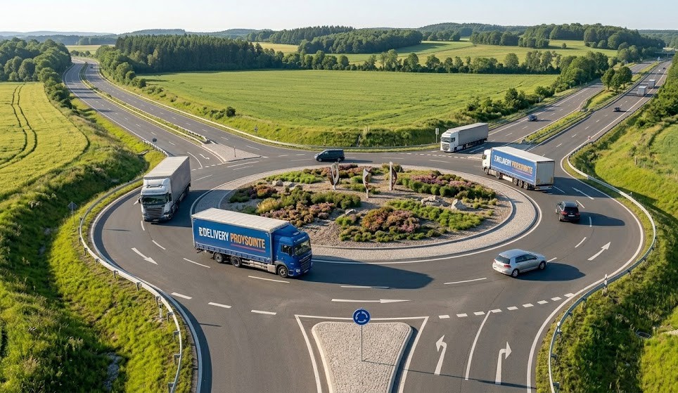 Top-down roundabout diagram showing counter-clockwise flow with the island on the left