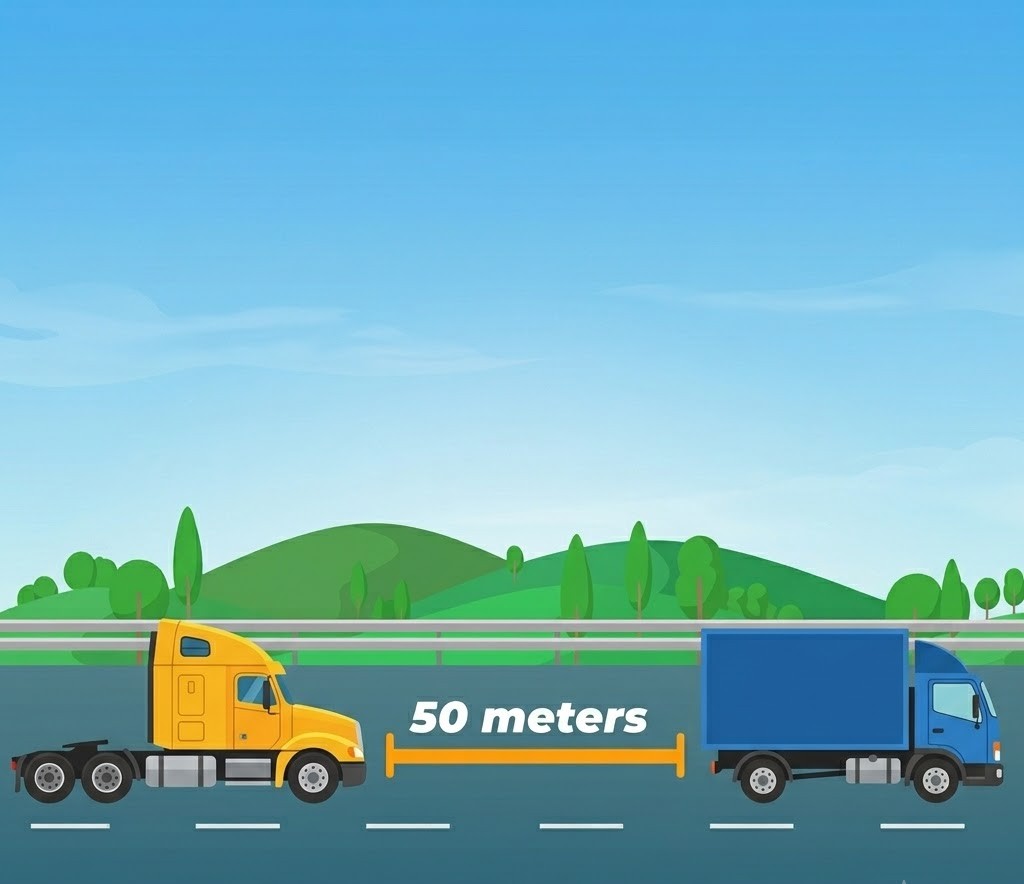 Diagram showing the safe following distance between two vehicles with a distance arrow