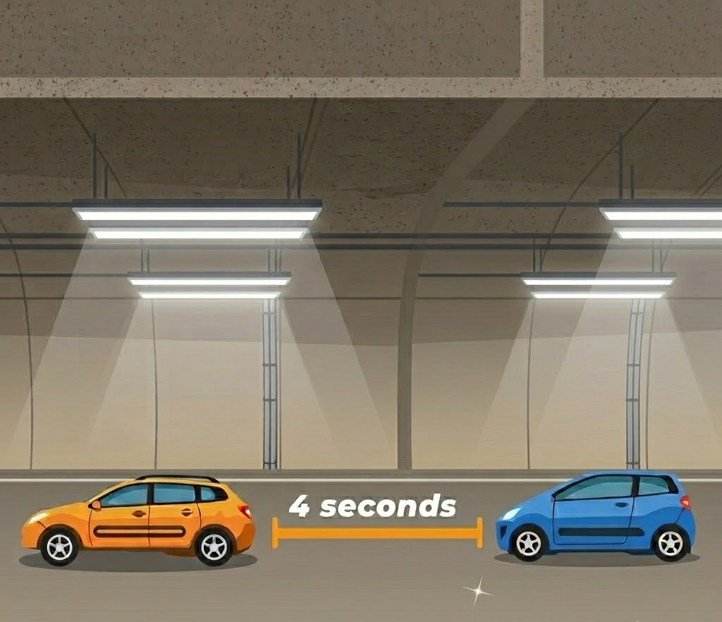 Diagram of vehicles spaced inside a tunnel illustrating the 100 m and 150 m rules