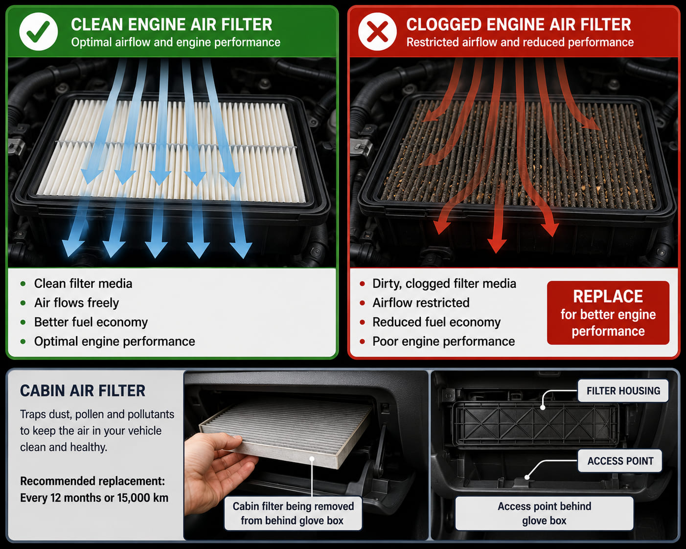 A two-panel filter comparison. Left panel: a clean engine air filter - white/light grey pleated paper element, clear airflow arrows passing through freely (green). Right panel: the same filter type clogged with dust and debris - dark grey/black pleated paper, airflow arrows blocked (red, label "Replace: restricted airflow reduces engine performance"). Below, a second sub-panel shows a cabin filter location: a hand pulling a cabin filter from behind the glove box, showing the filter slot position.