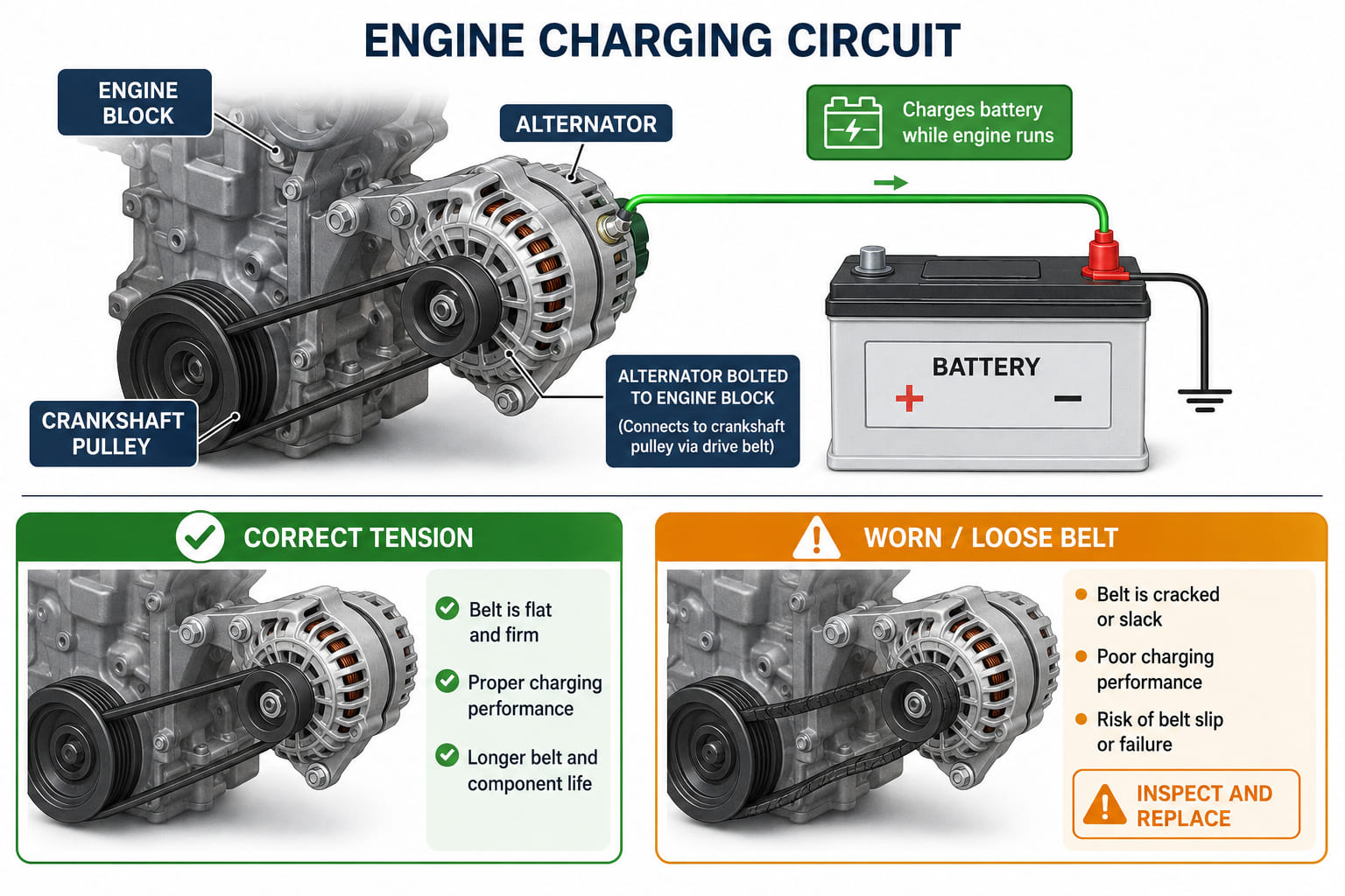 A diagram of the engine charging circuit. The alternator is shown bolted to the engine block, connected by a serpentine drive belt to the crankshaft pulley. An electrical line runs from the alternator to the battery (green arrow labelled "charges battery"). A callout on the belt shows two states: correct tension (flat belt, green tick) and worn/loose belt (cracked, slack belt, amber warning triangle). Labels identify: alternator, crankshaft pulley, drive belt, battery.
