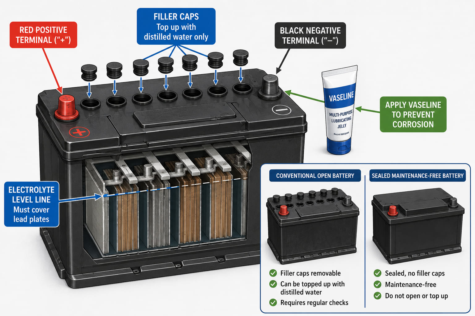 An annotated diagram of a car battery. The battery is shown from a slight angle with the top visible. Callout arrows label: positive terminal (red, "+" symbol), negative terminal (black, "-" symbol), filler caps on an open/maintenance battery (label "Distilled water only"), and electrolyte level line (label "Must cover lead plates"). A vaseline tube icon sits near the terminals. An inset comparison shows a sealed maintenance-free battery alongside a conventional open battery, both labelled.