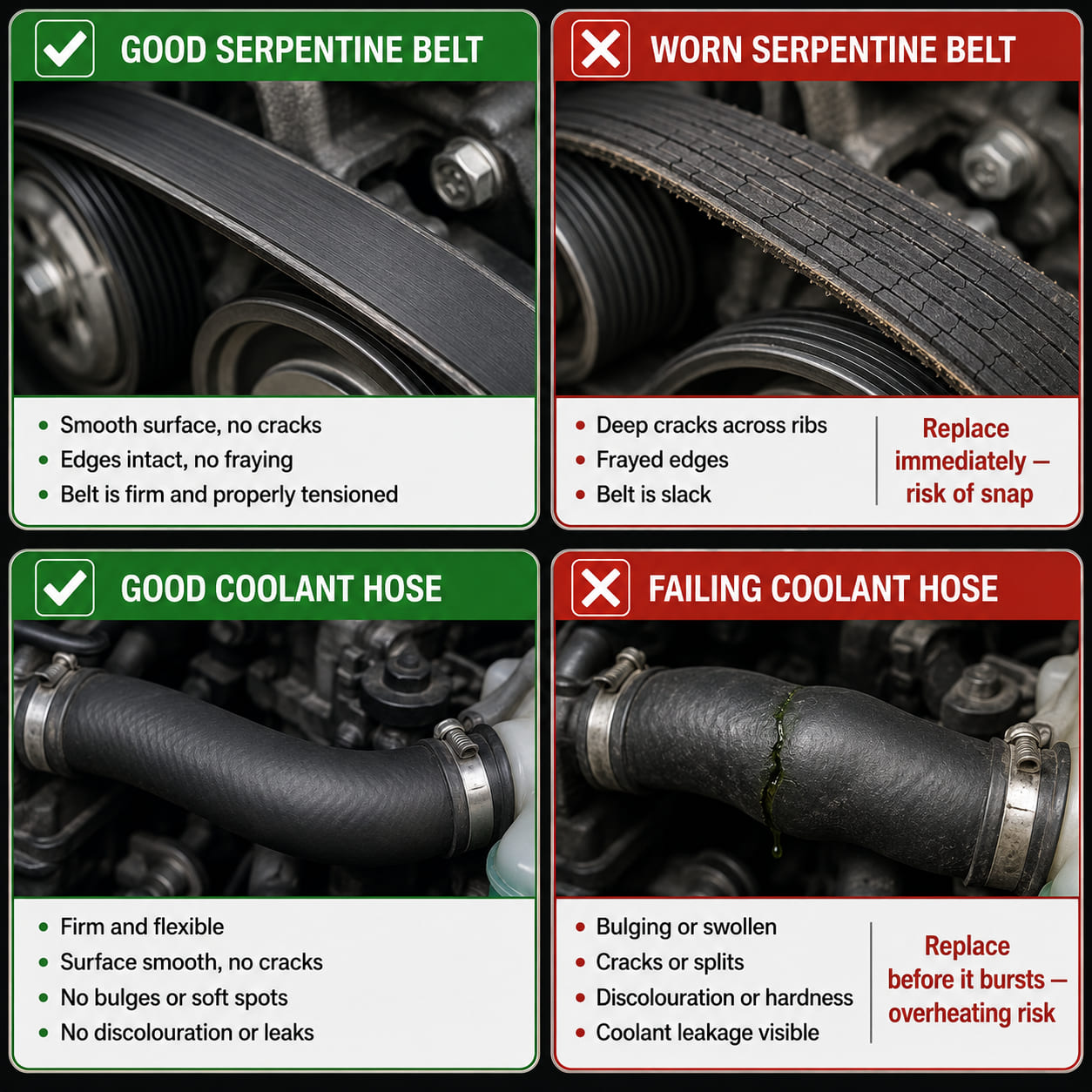 Two side-by-side comparison illustrations. Left illustration (belt): top panel shows a good belt - smooth, flexible, no cracks, correct tension (green checkmark); bottom panel shows a worn belt - deep transverse cracks, fraying on the edge, slightly slack (red X, label "Replace immediately"). Right illustration (hose): top panel shows a good coolant hose - firm, no bulges; bottom panel shows a failing hose - a visible bulge or crack leaking coolant (red X, label "Replace before it bursts").