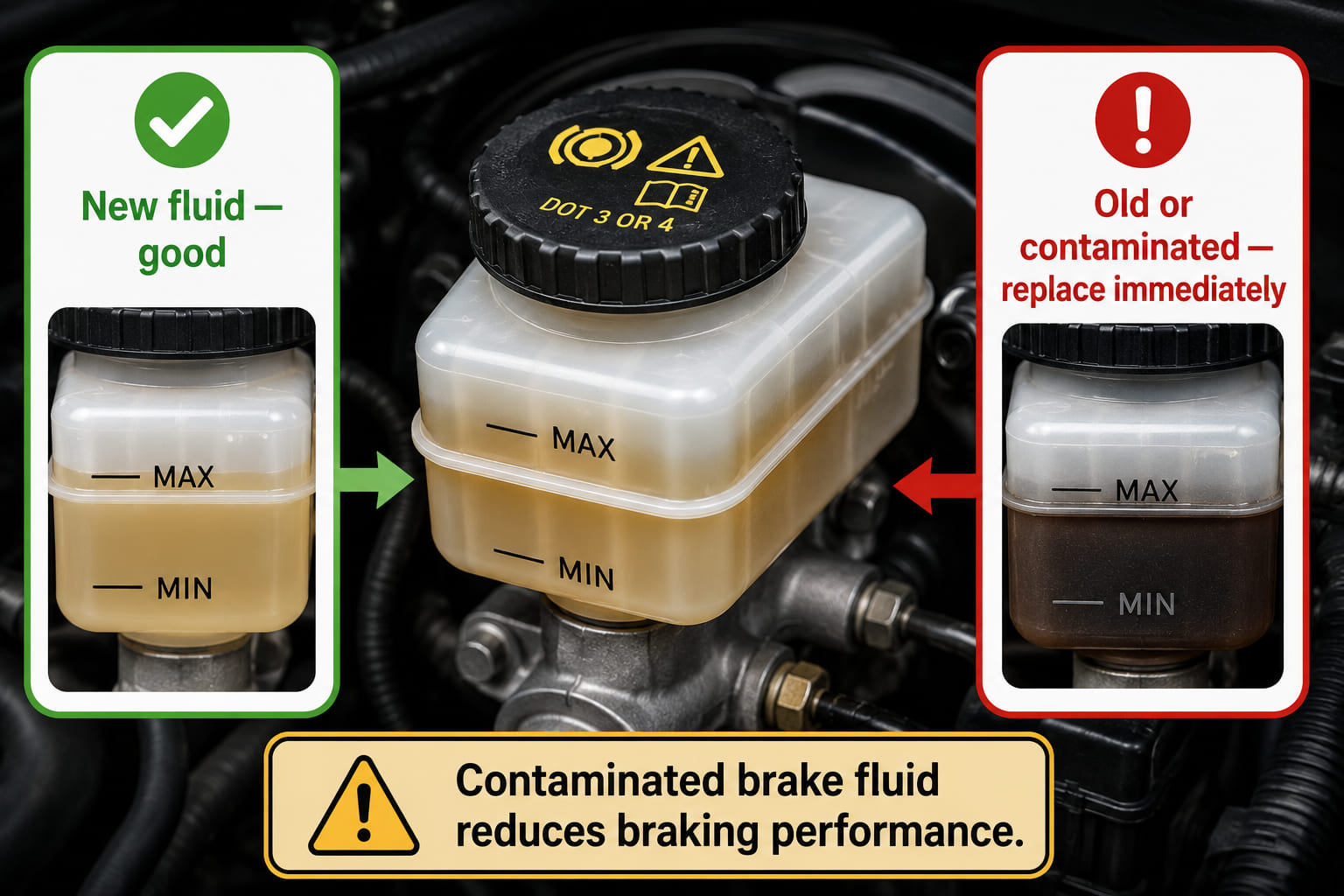 A close-up illustration of a brake fluid reservoir under the bonnet. The transparent reservoir shows the fluid level between the MIN and MAX lines. Two callout panels: left - the fluid is light/golden coloured (new fluid, green checkmark); right - the fluid is dark brown/black (old/contaminated fluid, amber warning triangle with label "Replace - contaminated fluid reduces braking performance").