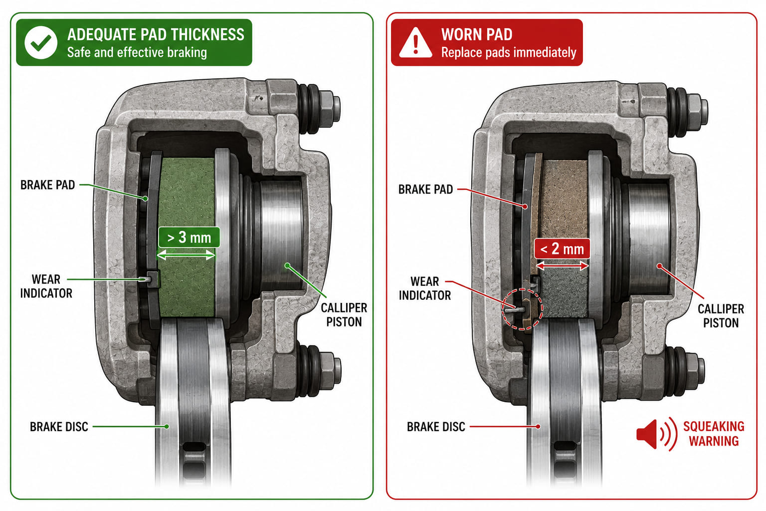 A two-panel cross-section diagram of a brake calliper and disc. Left panel: adequate pad thickness - a thick pad (labelled "> 3 mm") pressing against a smooth disc, green checkmark. Right panel: worn pad - a thin pad (labelled "< 2 mm") with a wear indicator notch, the pad almost metal-on-metal, a squeaking sound wave icon, red warning badge. Labels identify: brake pad, wear indicator, brake disc, calliper piston.