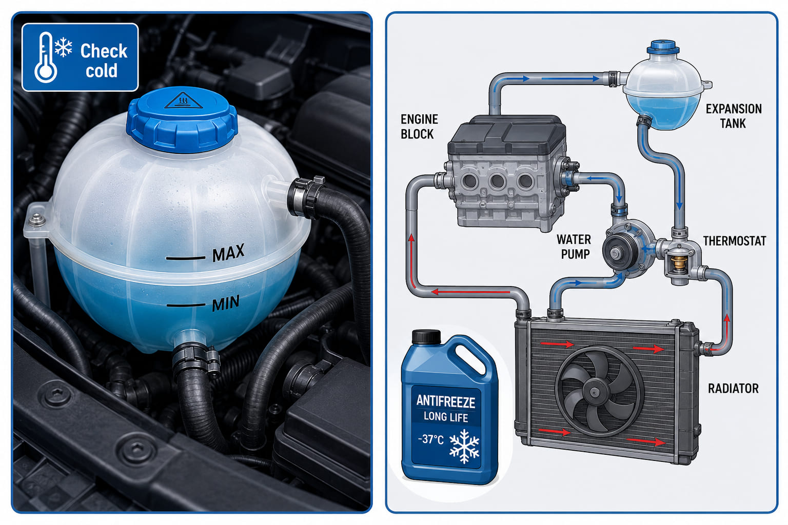 A two-panel cooling system illustration. Left panel: a close-up of a semi-transparent coolant expansion tank showing the coolant level sitting correctly between the MIN and MAX marks, with a "check cold" badge. Right panel: a simplified cooling circuit diagram showing the engine block, radiator, water pump, thermostat, and expansion tank connected by hoses, with an antifreeze bottle icon overlaid for the winter label.