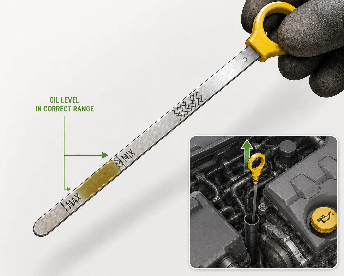 A close-up illustration of an engine oil dipstick being held up after withdrawal. The dipstick is shown at an angle with its lower end clearly visible. Two marks are labelled: "MIN" at the bottom and "MAX" near the top. The oil stain on the dipstick reaches between the two marks (correct level). A small inset shows the dipstick tube location in an engine bay. Clean technical illustration.