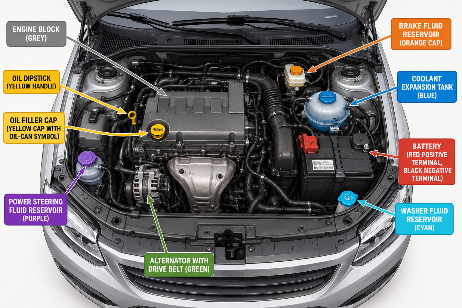 A labelled under-bonnet overview illustration of a car engine bay viewed from above with the bonnet open. All major systems are marked with colour-coded callout arrows: engine block (grey), oil dipstick and filler cap (yellow), coolant expansion tank (blue), battery (red/black terminals), brake fluid reservoir (orange), alternator and drive belt (green), power steering reservoir (purple), washer fluid reservoir (cyan). Each callout has a short system name label.