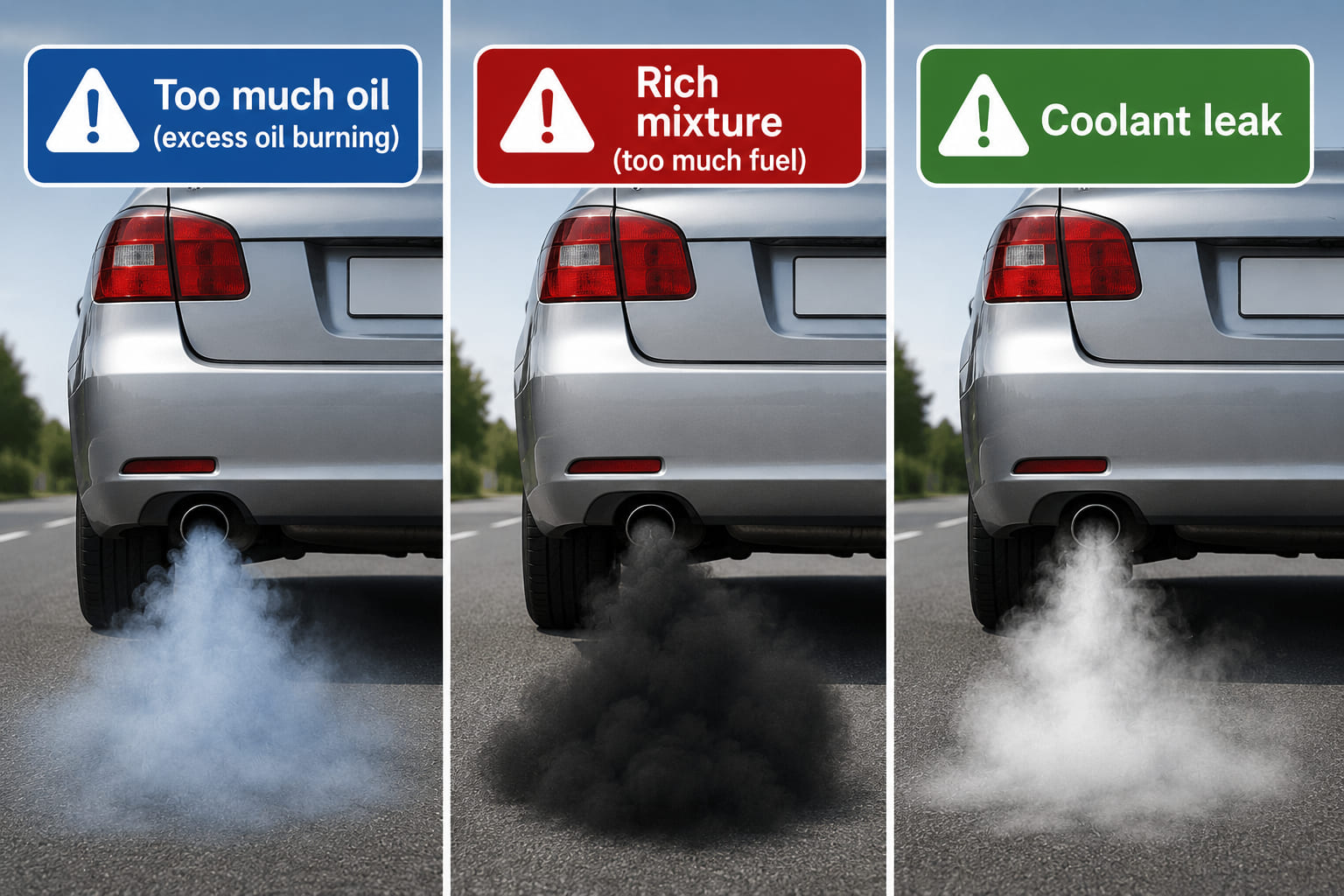 A car rear view showing three exhaust smoke colour scenarios as side-by-side comparison panels. Panel 1: bluish-white smoke - label "Too much oil". Panel 2: black smoke - label "Rich fuel mixture (too much fuel)". Panel 3: white/steam - label "Coolant leak". Each panel has a colour-tinted smoke cloud and a coloured warning badge matching the smoke colour.