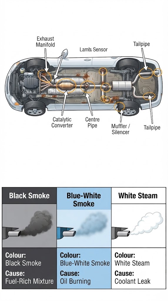 Two sub-images combined. Top: a side-profile exhaust system diagram from engine to tailpipe, with components labelled: exhaust manifold, lambda sensor, catalytic converter, middle pipe, muffler/silencer, tailpipe. Rust/corrosion hotspot zones are circled in amber (pipe joints and underside bends). Bottom: a three-cell smoke diagnostic quick reference - black smoke (rich mixture), blue/white smoke (oil burning), white steam (coolant leak) - each with its colour-matched smoke cloud icon.