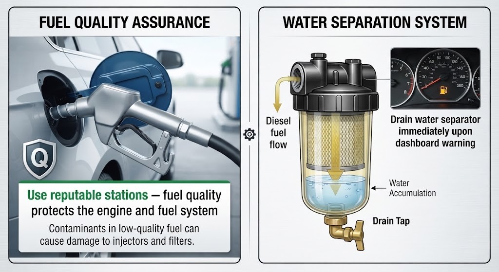 Two sub-images. Left: a fuel station pump nozzle being inserted into a car fuel filler, with a quality badge (brand pump logo area intentionally blank) and a label "Use reputable stations - quality fuel protects the engine". Right: a diesel water separator unit (a transparent bowl-shaped component on a fuel line under the bonnet), with a water accumulation visible at the bottom of the bowl and a drain tap indicator. A dashboard warning light inset shows the water-in-fuel warning symbol.
