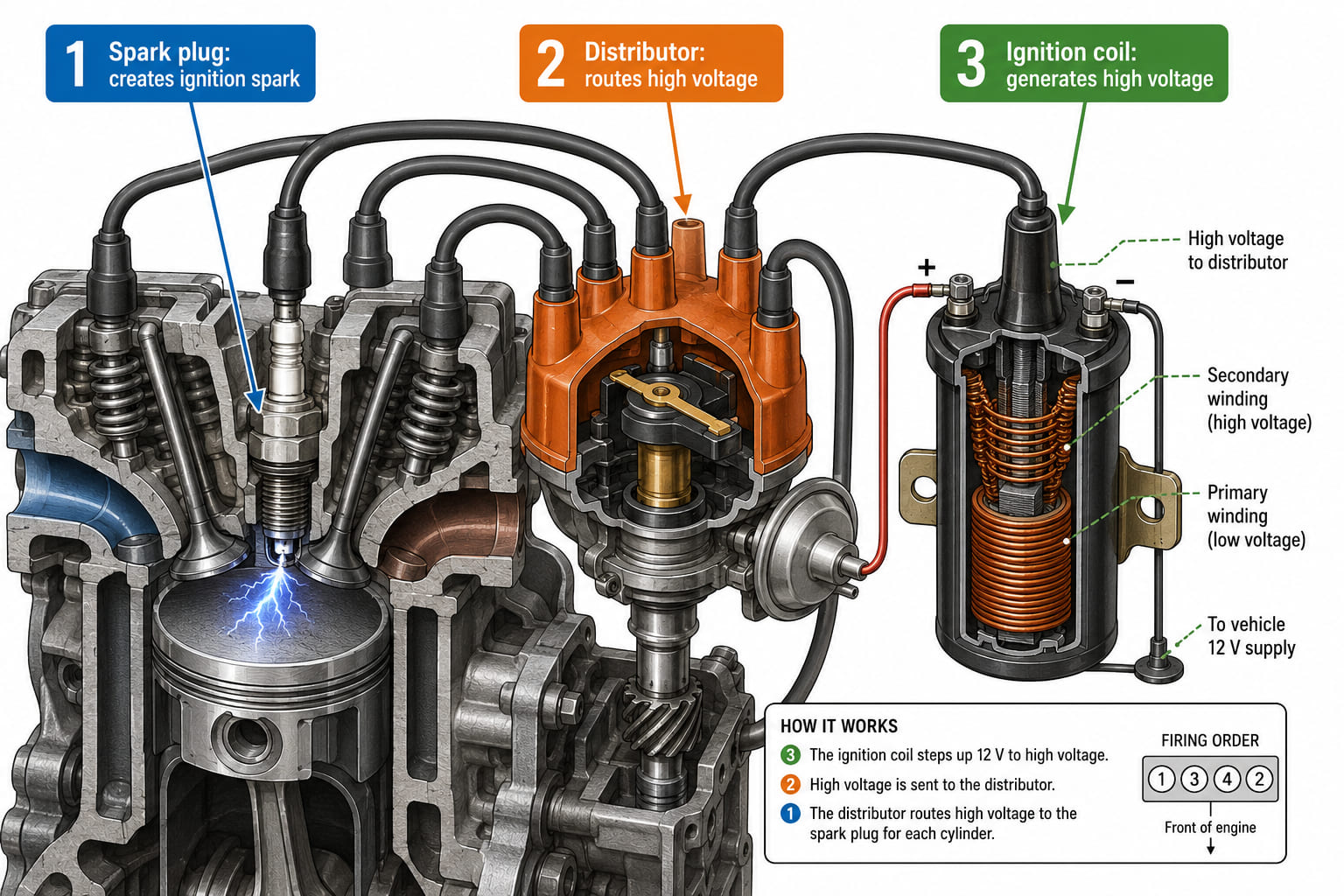 A labelled diagram of a petrol engine ignition system. The engine cutaway shows: a spark plug inserted into the cylinder head with an electrical spark arc shown; a distributor cap connecting to individual plug leads; an ignition coil connected to the distributor. Each component has a distinct colour and a callout label: "Spark plug - creates the ignition spark", "Distributor - routes high voltage to each plug", "Ignition coil - generates high voltage". Technical cutaway style.