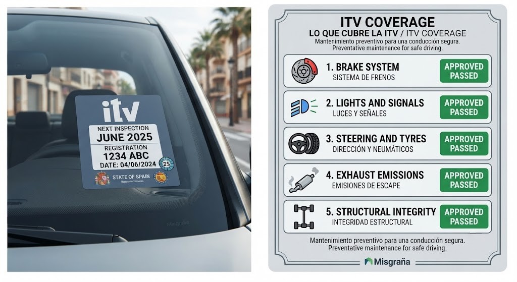 Two sub-images. Left: an illustration of a windscreen lower corner with an ITV inspection sticker showing a next-inspection date (month/year format) and a vehicle ID code - styled to match the Spanish ITV label colour scheme. Right: a checklist card of what the ITV covers: (1) braking system; (2) lights and signals; (3) steering and tyres; (4) exhaust emissions; (5) structural integrity / chassis. Each item has a corresponding icon and a pass/fail icon beside it.
