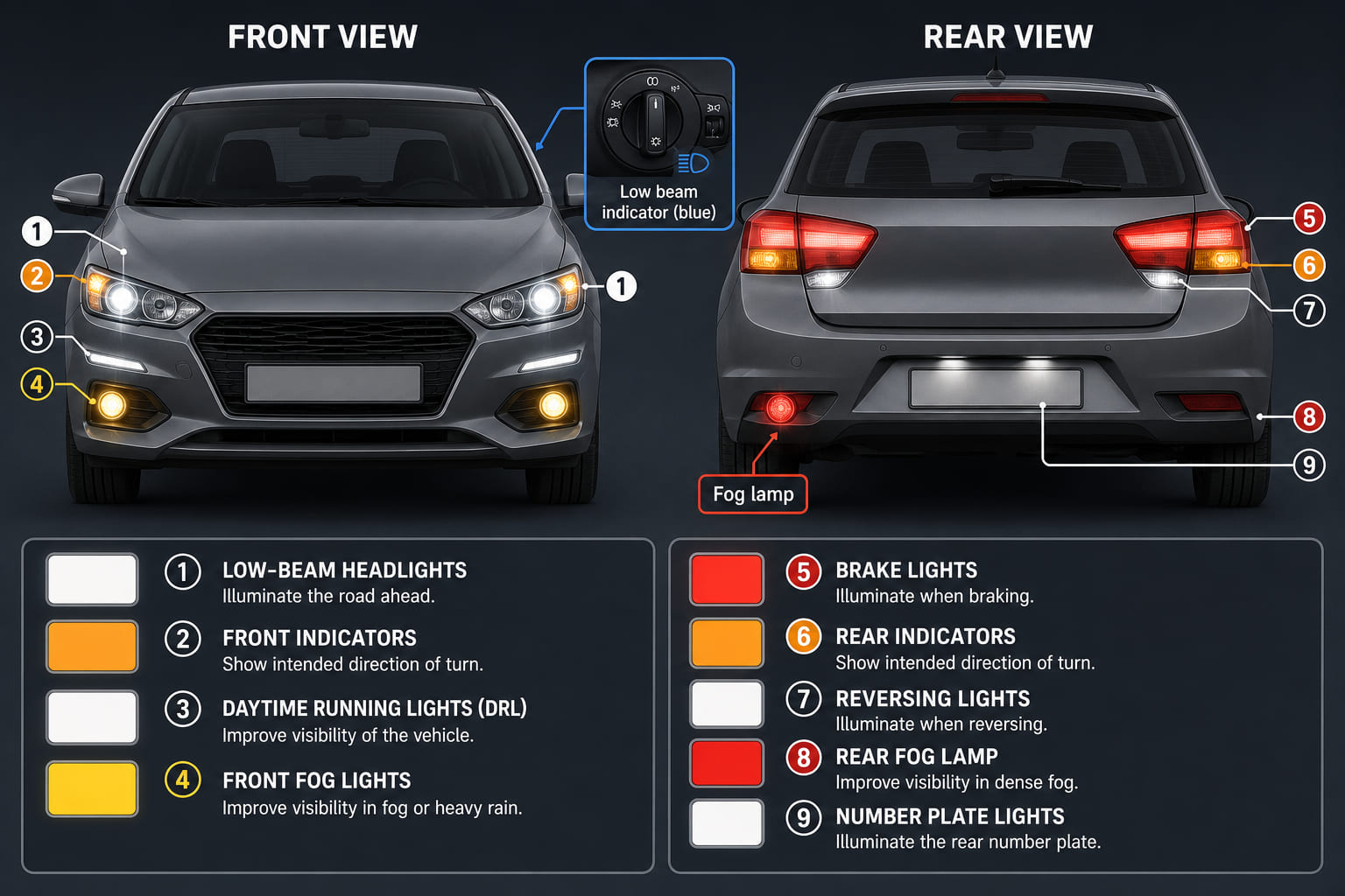 A combined front and rear car elevation diagram showing all light positions labelled and colour-coded. Front view: low-beam headlights (white), high-beam indicators (blue), front fog lights (yellow), front indicators (amber), daytime running lights (white). Rear view: brake lights (red), rear indicators (amber), rear fog lamp (red with distinctive "rear fog" label), reversing lights (white), number plate light (white). Each light type has a matching colour swatch and label.