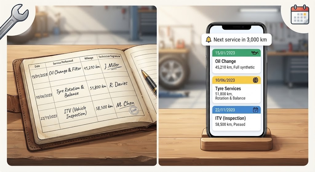 Two views side by side. Left: a physical maintenance logbook open to a filled page, with columns for date, mileage, service item, and technician signature. Several handwritten entries visible for oil change, tyre rotation, and ITV date. Right: a smartphone screen showing a digital service history app with the same entries in card format, plus a "Next service: 3,000 km" reminder notification. A spanner and calendar icon frame the composition.