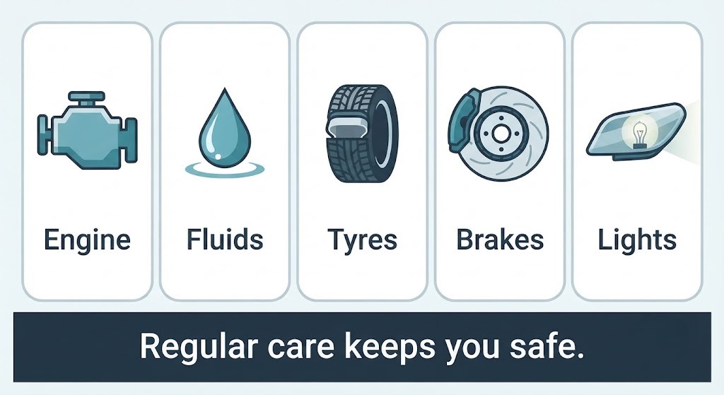 A clean horizontal five-icon summary strip. Each icon sits in its own rounded cell: (1) engine block icon - "Engine"; (2) fluid drop icon - "Fluids"; (3) tyre icon - "Tyres"; (4) brake disc icon - "Brakes"; (5) light bulb icon - "Lights". Beneath all five cells, a full-width footer caption reads: "Regular care keeps you safe." Flat icon style, consistent colour palette, confident closing visual.