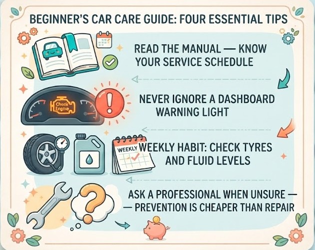 A friendly four-row tips card styled as a beginner's maintenance guide. Row 1: an open vehicle user manual / logbook icon - "Read the manual - know your service schedule". Row 2: a dashboard with a warning light icon illuminated - "Never ignore a dashboard warning light". Row 3: a tyre and a fluid drop beside a weekly calendar - "Weekly habit: check tyres and fluid levels". Row 4: a mechanic wrench icon - "Ask a professional when unsure - prevention is cheaper than repair". Approachable, clean flat design.
