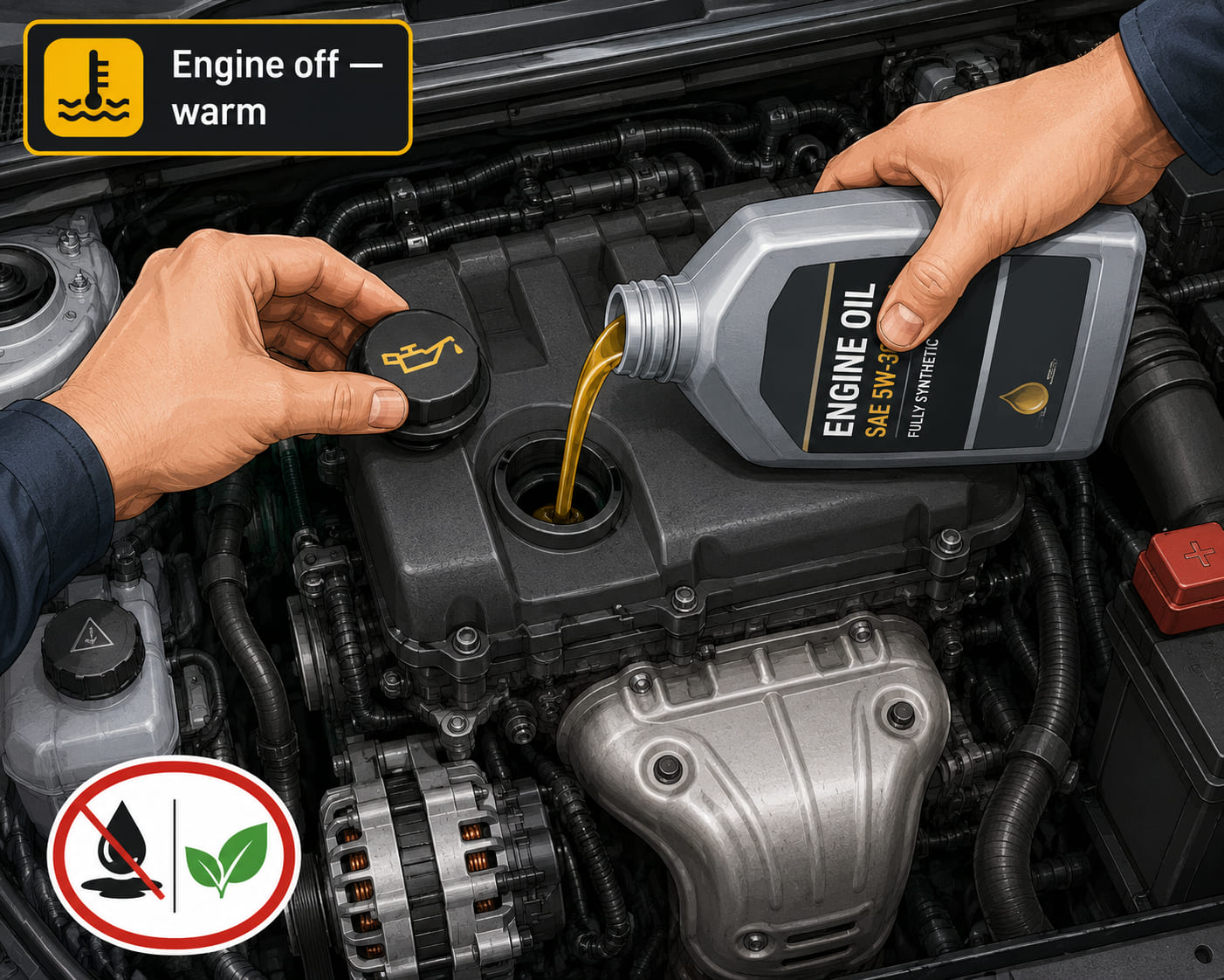 An under-bonnet illustration showing hands lifting an oil filler cap from the top of the engine (the cap has an oil can symbol on it). An oil bottle is being tilted to pour oil through the open filler hole. A small badge in the corner reads "Engine off - warm". Another badge shows a spill warning with a pollution leaf icon.