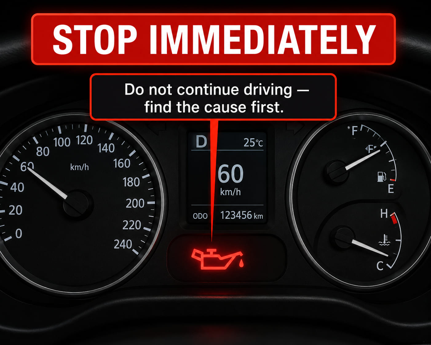 A close-up of a car instrument cluster. The oil pressure warning light - a red icon showing an oil can with a drip - is illuminated brightly. A bold callout reads "STOP IMMEDIATELY". A secondary note beneath reads "Do not continue driving until cause is found." The rest of the cluster is shown in normal operation to provide context. High-contrast warning illustration.
