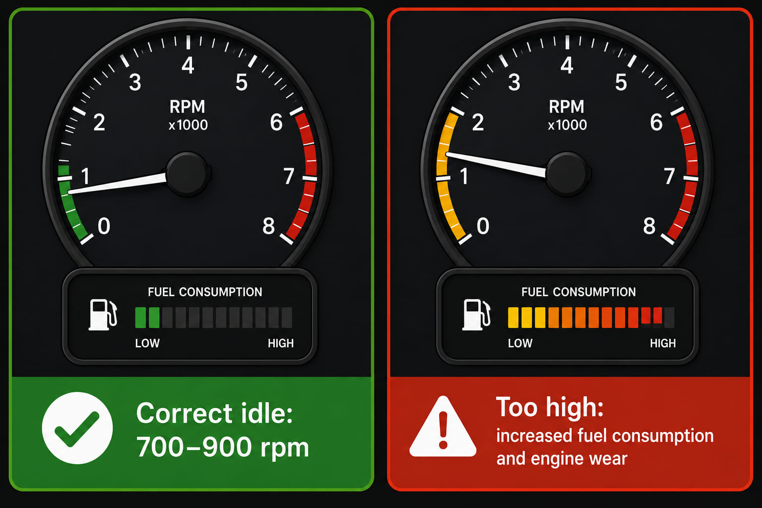 A two-panel RPM gauge (tachometer) comparison. Left panel: needle resting in the correct idle zone (approximately 700-900 rpm) marked with a green band - label "Correct idle: 700-900 rpm". Right panel: needle resting at 1,500 rpm, marked with an amber/red band - label "Too high: increased fuel consumption and wear". A small fuel gauge inset below shows fuel use rising with the higher idle. Flat gauge illustration style.