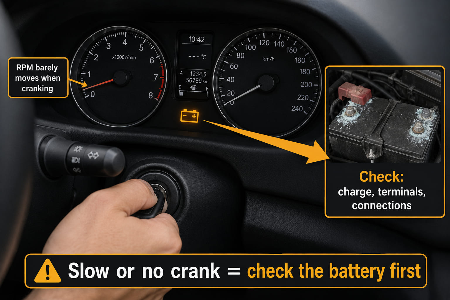 A dashboard scene. A hand is turning the ignition key. The instrument cluster shows a slow-crank warning: the battery symbol is illuminated in amber, the RPM needle barely moves upward. A callout arrow points from the battery warning light to an inset image of a car battery with poor terminal connections labelled as the most common cause. A second note reads "Slow or no crank = check battery charge and connections".
