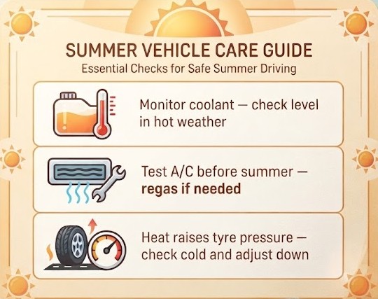 A summer-themed maintenance card with a warm orange/yellow sun motif. Three rows: (1) a coolant expansion tank with a high-temperature thermometer - "Monitor coolant in hot conditions"; (2) an air conditioning unit with a cold air flow symbol and a service spanner - "Test A/C before summer"; (3) a tyre with a heat arrow and an overinflation warning gauge - "Heat causes pressure rise - check cold and adjust". Warm amber-white colour palette.