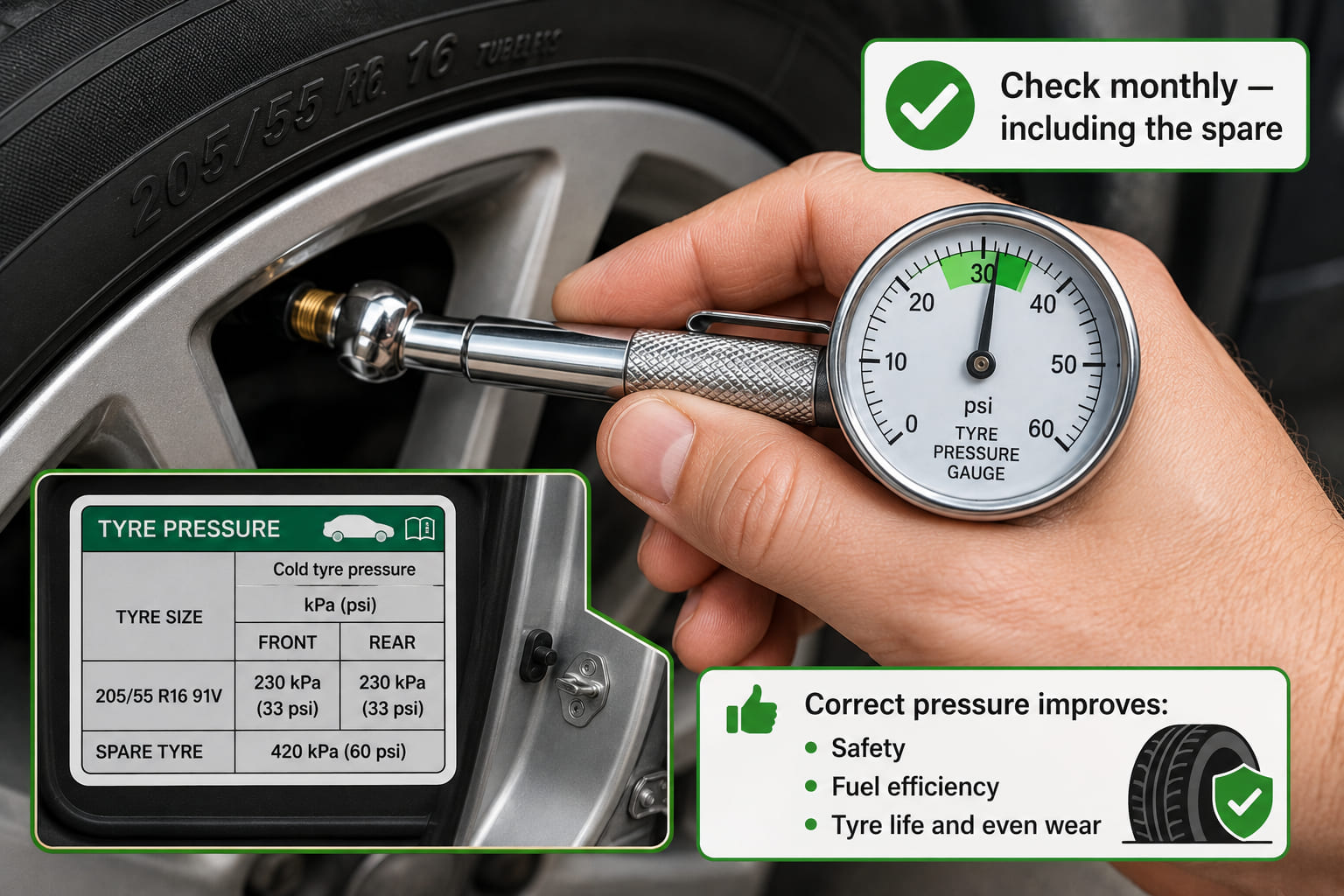 A close-up illustration of a tyre pressure gauge being pressed onto a tyre valve stem. The gauge dial shows a reading within the correct range, highlighted in green. The tyre sidewall is visible in the background. A callout badge reads "Check monthly - including the spare". A second small inset shows the tyre pressure sticker typically found inside the driver's door frame showing the manufacturer's recommended pressures for front and rear.