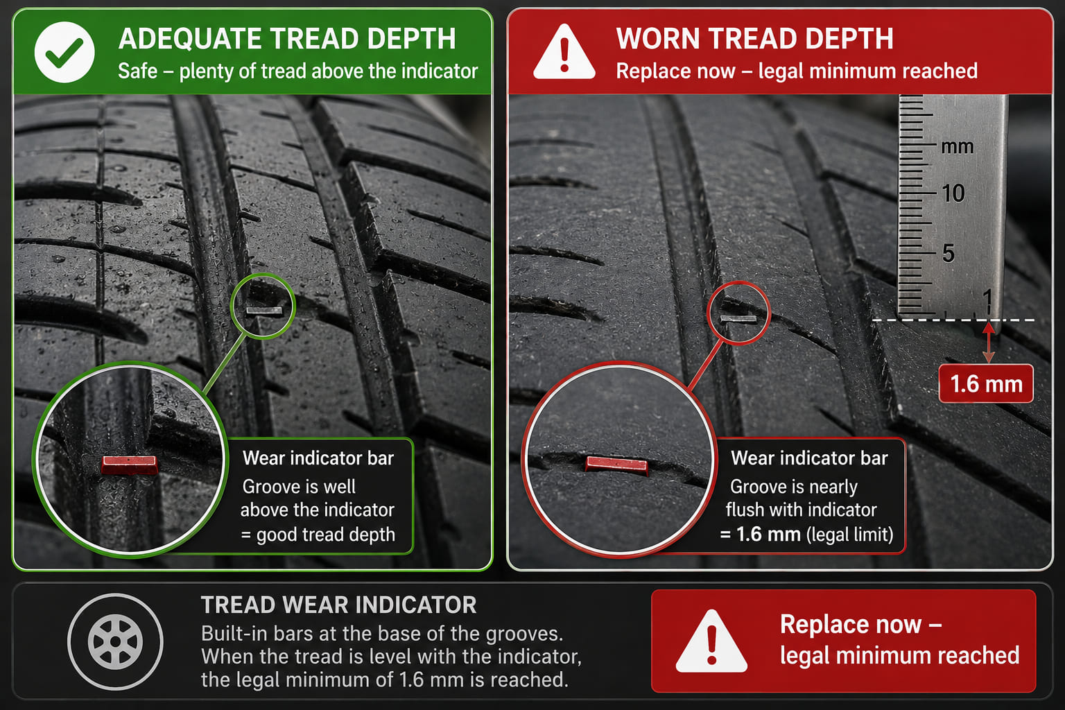 A close-up illustration of tyre tread from above and at an angle. The tread blocks are visible with the built-in wear indicator bar - a small raised plateau that sits 1.6 mm from the bottom of the groove - highlighted in red. Two states are shown side by side: adequate tread (groove well above the indicator bar, green) and worn tread (groove flush with the indicator bar, red - label "Replace now: 1.6 mm minimum reached"). A measurement ruler confirms the 1.6 mm mark.