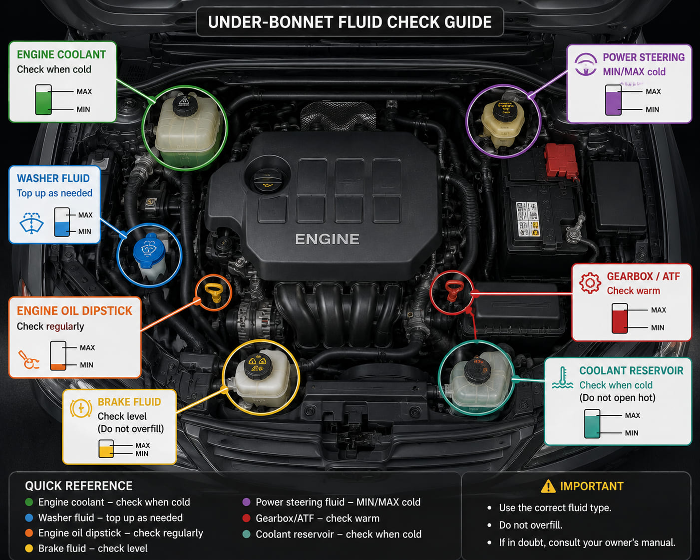 A top-down under-bonnet annotated map illustration. Key fluid reservoirs are highlighted with colour-coded circles and callout labels: transmission fluid dipstick (red circle, label "Gearbox/ATF"); power steering fluid reservoir (purple circle, label "Power steering - MIN/MAX"); brake fluid reservoir (orange, already shown in section 17.4 but repeated here for map context); coolant expansion tank (blue). Each reservoir has a MIN/MAX indicator shown in the inset. Clean infographic-map style.