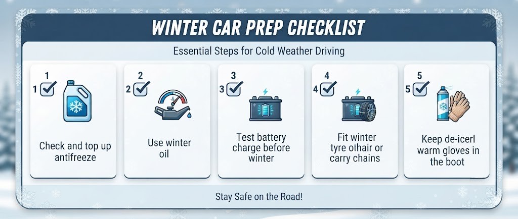 A winter-themed maintenance checklist card with a snowflake motif border. Five rows, each with a colour icon: (1) antifreeze bottle - "Check and top up antifreeze"; (2) oil can with a snowflake - "Use winter-grade oil"; (3) battery with a health check icon - "Test battery charge"; (4) winter tyre or snow chains - "Fit winter tyres or chains"; (5) de-icer can and gloves - "Keep de-icer and warm gloves in the boot". Cool blue-white colour palette.