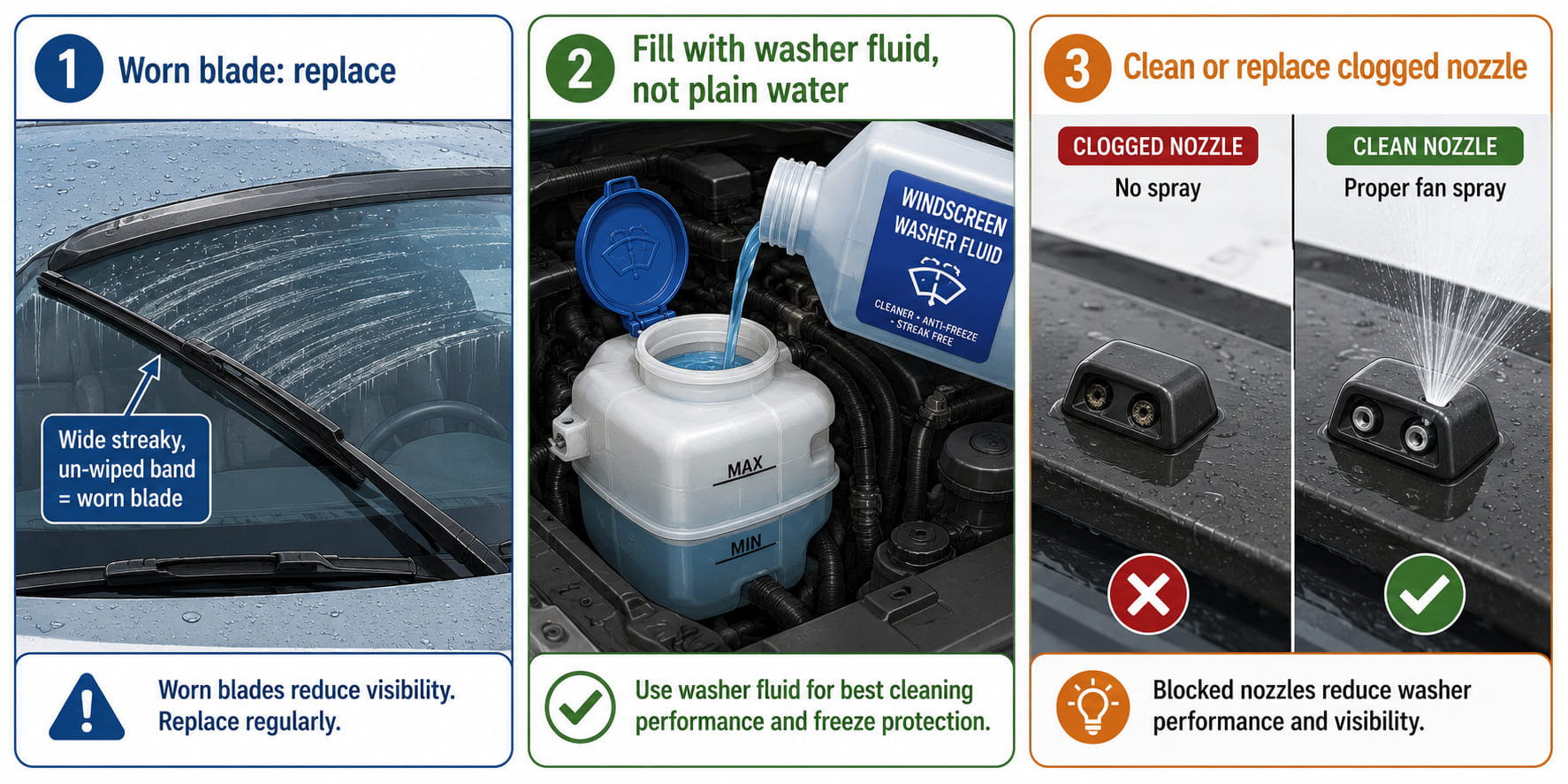 A three-panel wiper maintenance illustration. Panel 1: a wiper blade on a windshield leaving a streaky, un-wiped band of water - label "Worn blade: replace". Panel 2: an under-bonnet view of the washer fluid reservoir with a blue fluid bottle being poured in - label "Fill with washer fluid, not water". Panel 3: a close-up of a washer nozzle - left sub-panel shows a clogged nozzle with a blocked spray (red X); right sub-panel shows a clear nozzle spraying a proper fan pattern (green tick).