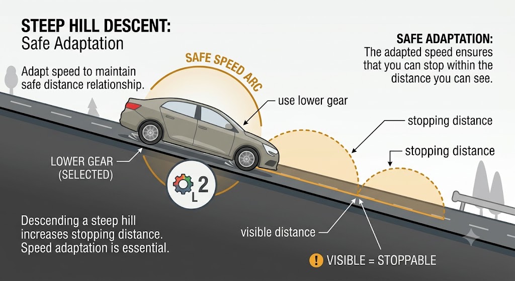 A side-view diagram of a car descending a steep slope in a lower gear, with a stopping-distance arc overlaid that exactly matches the visible road distance ahead. Labels: "visible distance" and "stopping distance".
