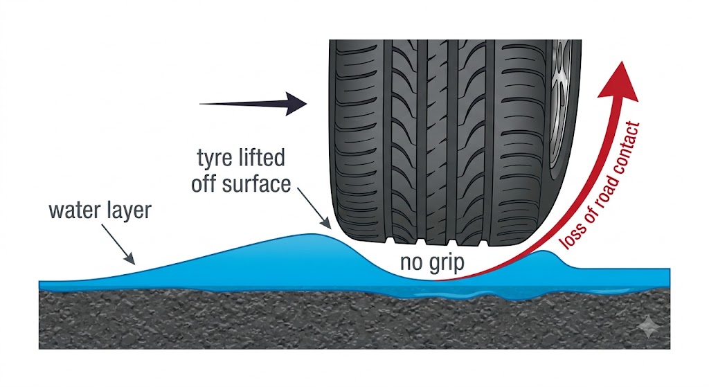 Cross-section diagram of a tyre on a wet road: a wedge of water is shown lifting the tyre away from the road surface, with an arrow indicating loss of contact and steering control