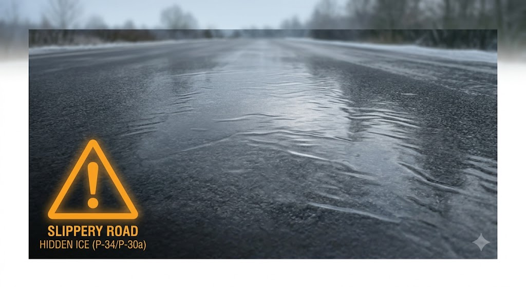 A road surface that appears completely normal but has a subtle glassy sheen indicating black ice, with a warning overlay or exclamation marker to highlight the hidden danger